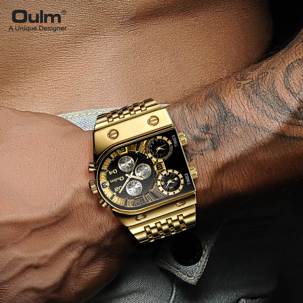 Oulm Ouli's New Multi-time Zone Large Dial Luminous Men's Watch Steel Belt Casual Cross-border Quartz Watch Gold