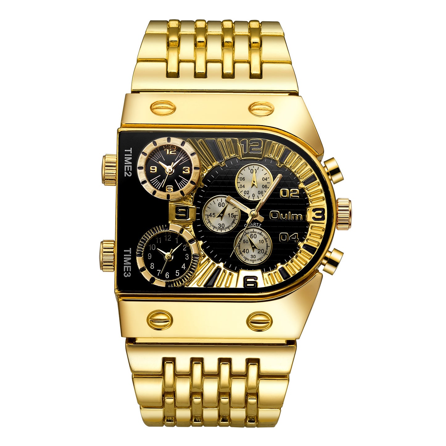 Oulm Ouli's New Multi-time Zone Large Dial Luminous Men's Watch Steel Belt Casual Cross-border Quartz Watch Gold