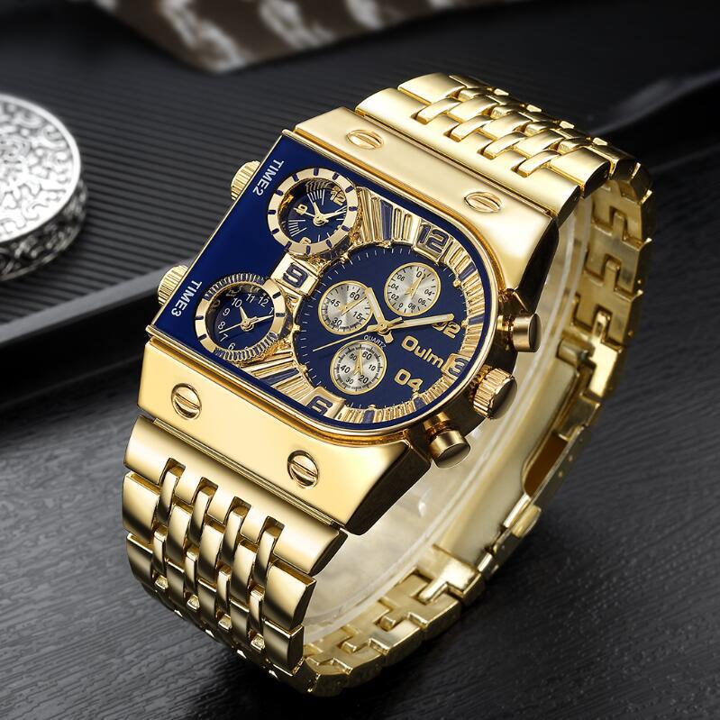 Oulm Ouli's New Multi-time Zone Large Dial Luminous Men's Watch Steel Belt Casual Cross-border Quartz Watch Gold
