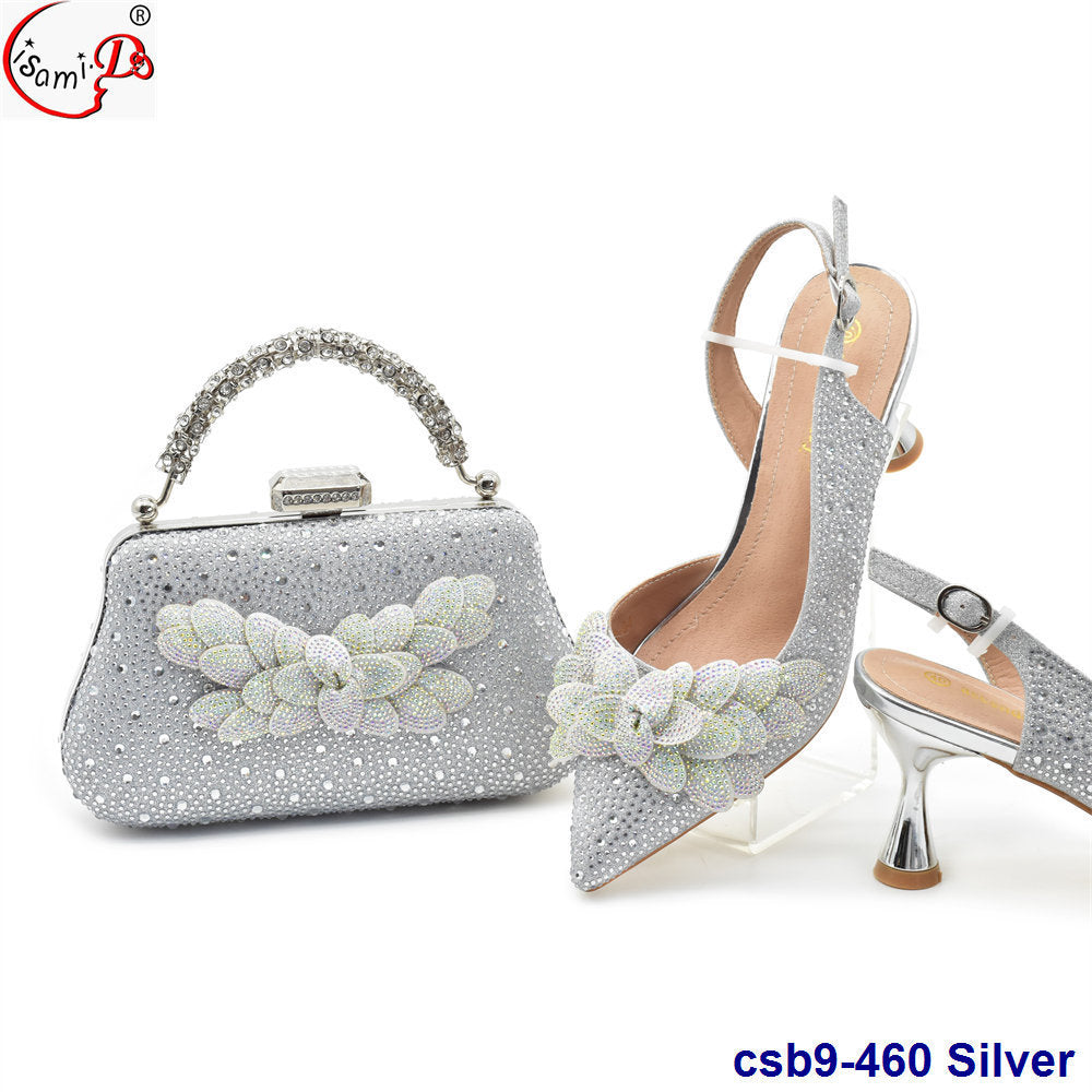 3D Carved Decorative Back Tie Elastic Strap High Heels With Clutch Suit Shoes And Bag Set
