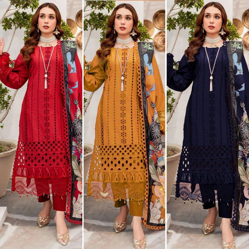 STYLEORIA SKY S651-EMBROIDERED 3PC CHICKAN LAWN DRESS WITH PRINTED MUNAR DUPATTA.