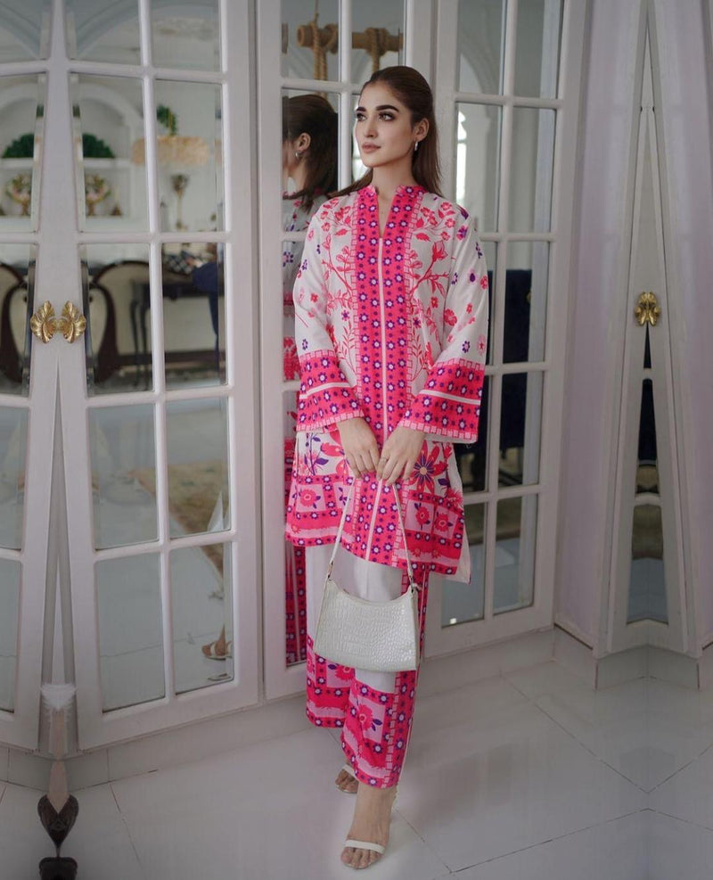 STYLEORIA SKY 2 Pcs Women's Stitched Swiss Lawn Printed Shirt And Trouser