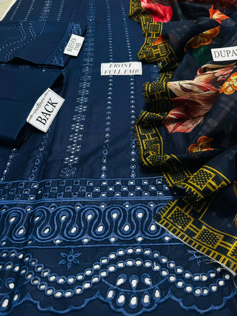 STYLEORIA SKY S651-EMBROIDERED 3PC CHICKAN LAWN DRESS WITH PRINTED MUNAR DUPATTA.