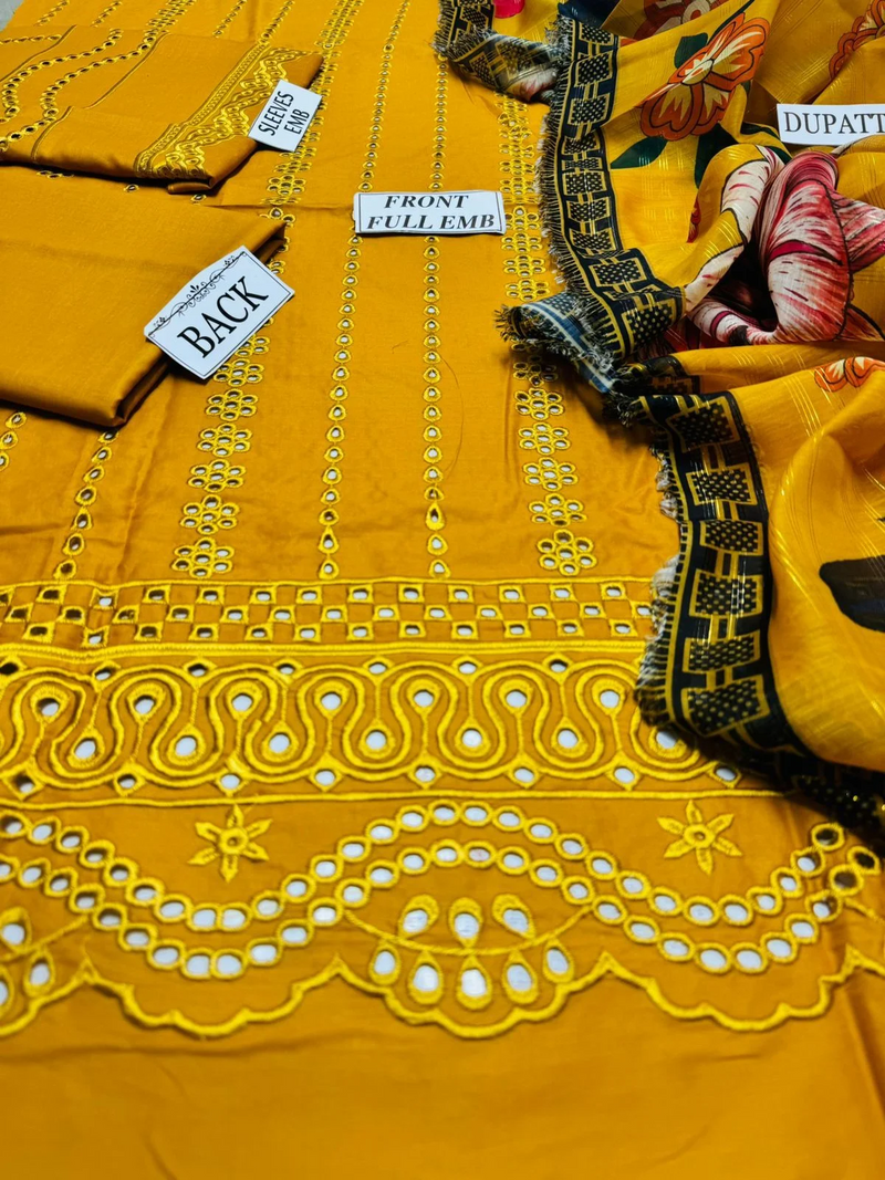 STYLEORIA SKY S651-EMBROIDERED 3PC CHICKAN LAWN DRESS WITH PRINTED MUNAR DUPATTA.