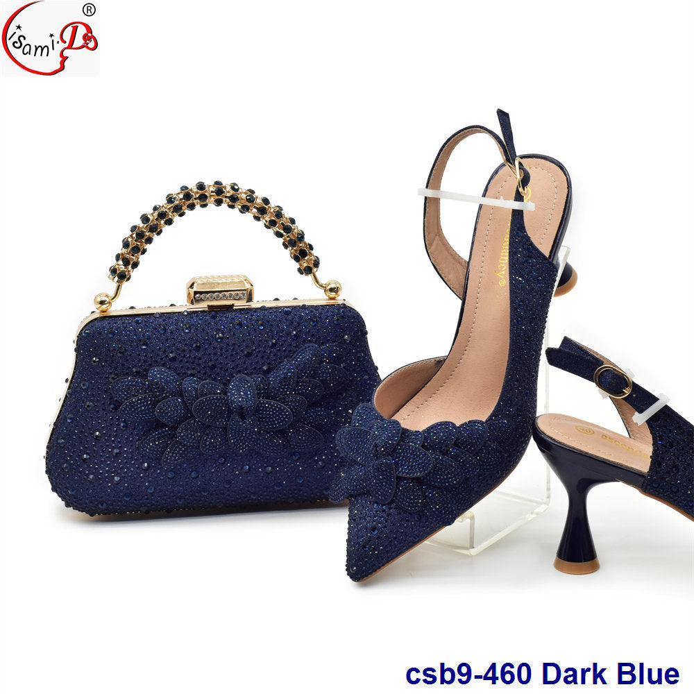 3D Carved Decorative Back Tie Elastic Strap High Heels With Clutch Suit Shoes And Bag Set