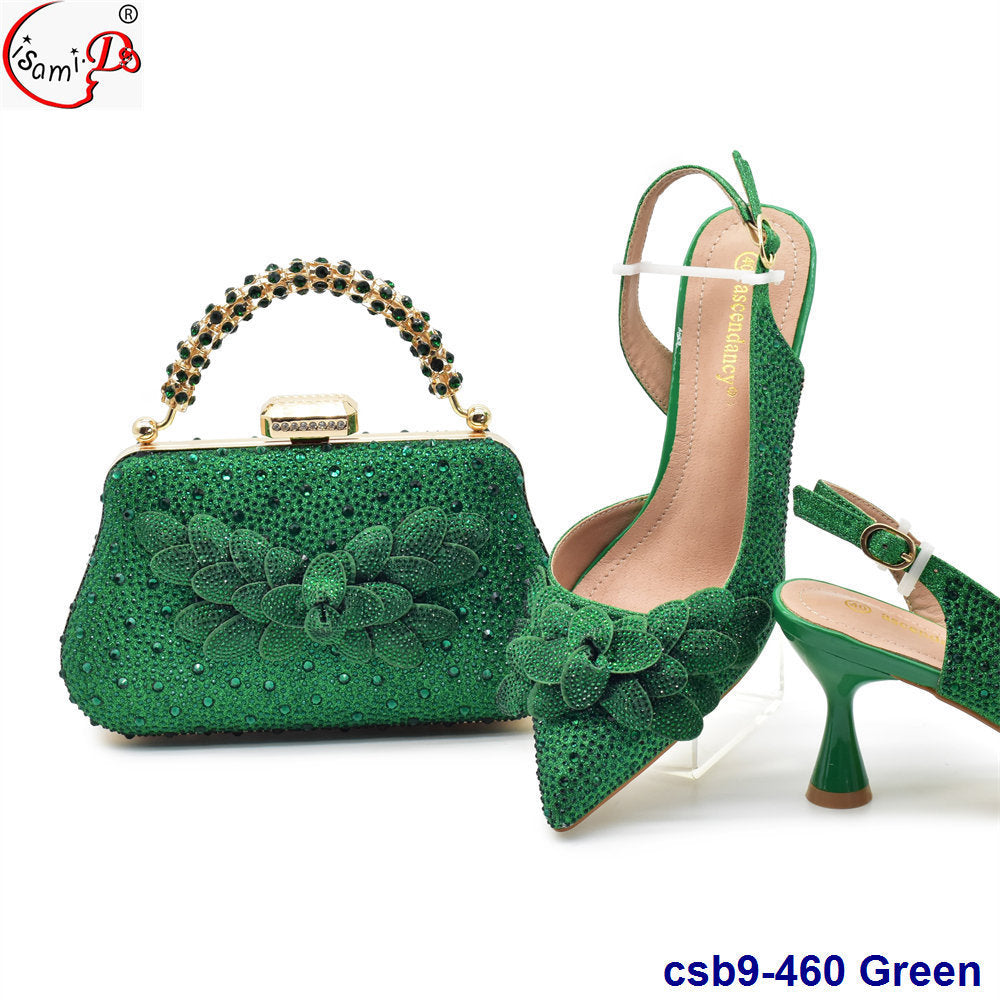 3D Carved Decorative Back Tie Elastic Strap High Heels With Clutch Suit Shoes And Bag Set