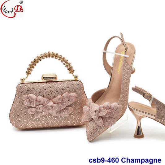3D Carved Decorative Back Tie Elastic Strap High Heels With Clutch Suit Shoes And Bag Set