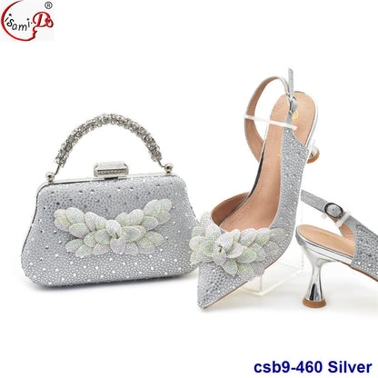3D Carved Decorative Back Tie Elastic Strap High Heels With Clutch Suit Shoes And Bag Set