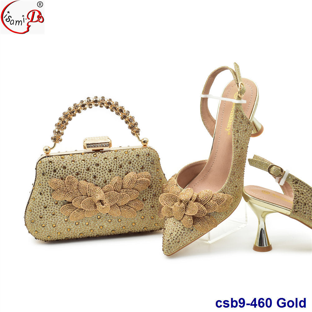 3D Carved Decorative Back Tie Elastic Strap High Heels With Clutch Suit Shoes And Bag Set
